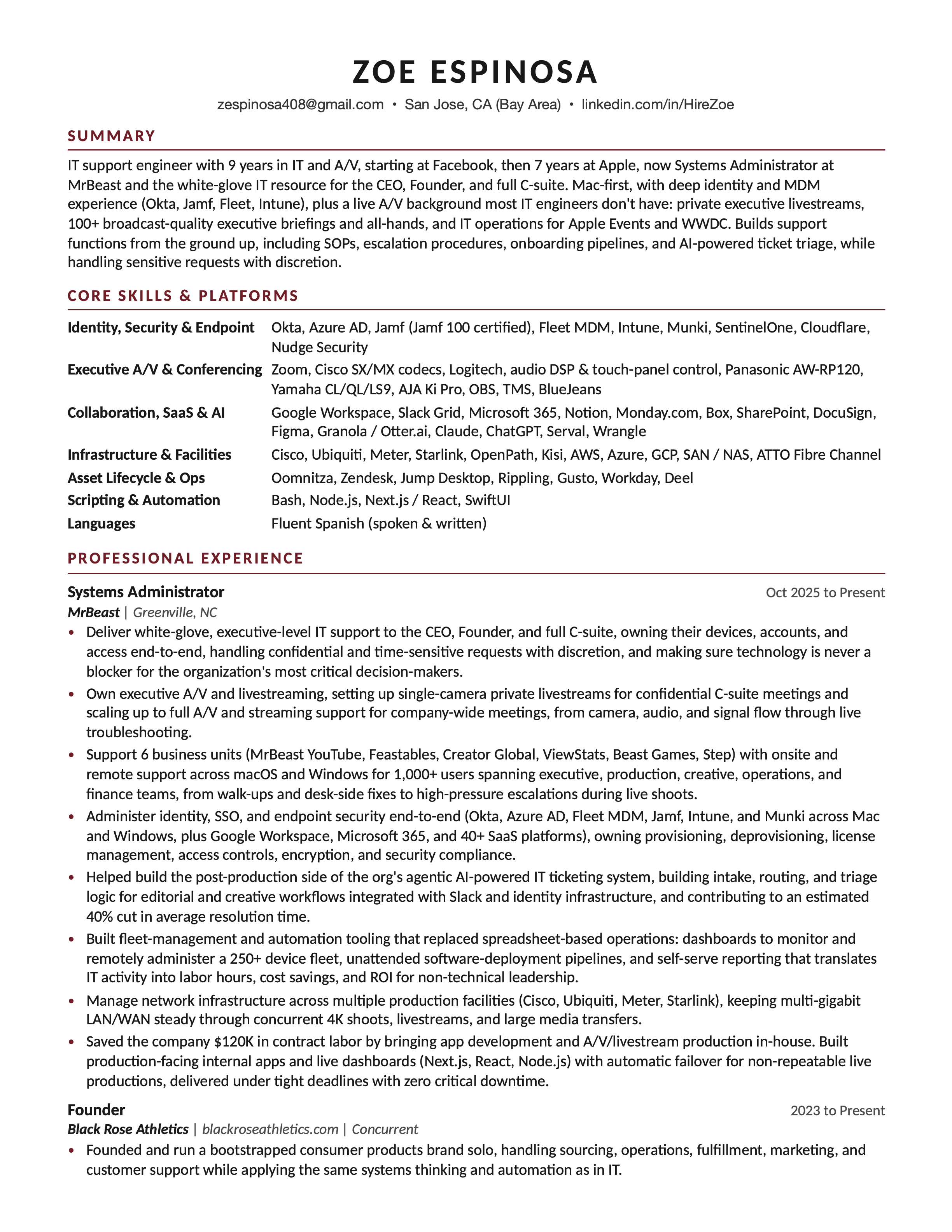 Zoe Espinosa résumé, page 1